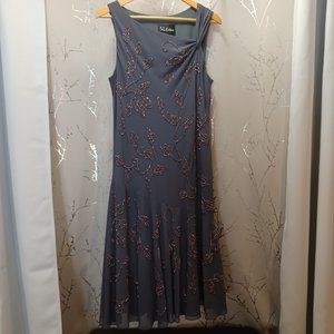 Dress S.L.  Fashions Grey with brown bead work in a floral pattern size 12